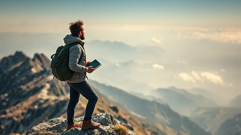 A photorealistic image of a digital nomad standing confidently on a mountain peak, looking out over a vast, misty landscape. The path behind them is winding and challenging, but the nomad's posture is one of calm determination and readiness for the unknown ahead. They are holding a compass and a well-worn journal. Cinematic lighting, sharp focus on the nomad, depth of field blurring the expansive landscape, 8K hyper-detailed, professional photography, shot on a high-end DSLR.