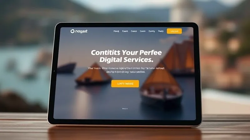 photorealistic, professional photography, 8K, cinematic lighting, sharp focus, depth of field, shot on a high-end DSLR, a sleek, modern landing page design for a digital nomad service, clearly showing a compelling headline, benefit-driven text, and a prominent call-to-action button, displayed on a tablet, with a blurred background of a scenic travel destination.