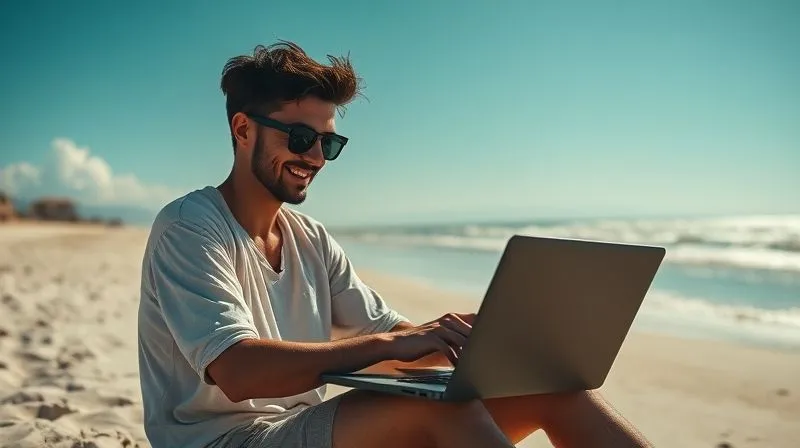 photorealistic, professional photography, 8K, cinematic lighting, sharp focus, depth of field, shot on a high-end DSLR, a person working happily on a laptop on a beach, with a sense of freedom and accomplishment, sunlight glinting off the screen, representing the dream of a digital nomad's lifestyle, vibrant colors and a serene atmosphere.