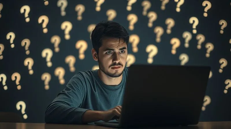 A photorealistic, professional photography, 8K image of a lone, puzzled person sitting in front of a laptop, surrounded by a faint, glowing aura of unasked questions visualized as small, ethereal question marks. The person's expression is thoughtful but hesitant, cinematic lighting, sharp focus on their face, depth of field blurring the background, shot on a high-end DSLR.