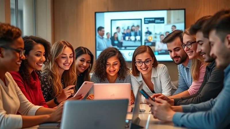 A photorealistic image of a diverse group of people, some with laptops, others with smartphones, actively participating in a virtual meeting. Their faces show engagement and curiosity, with speech bubbles and small question mark icons visually connecting them to a central, glowing screen. The setting is modern and collaborative, with cinematic lighting highlighting their focused expressions. 8K hyper-detailed, professional photography, shot on a high-end DSLR.