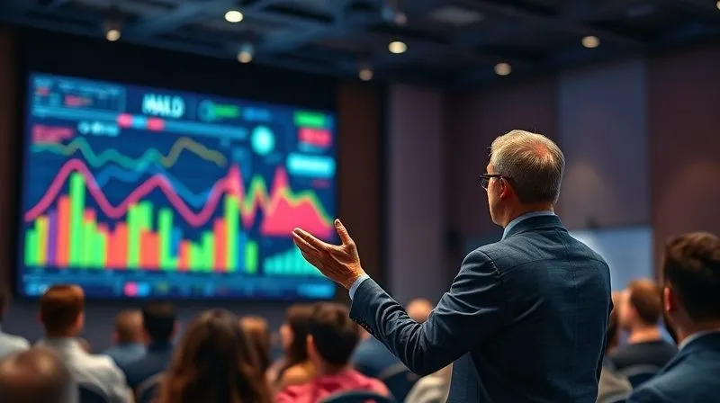 A photorealistic, professional photography, 8K image of a dynamic data visualization projected onto a screen, showing interconnected concepts and evolving trends. A speaker gestures towards the screen, engaging with an attentive audience (blurred in the background). The visual is colorful and clear, with cinematic lighting and sharp focus on the data, depth of field blurring the room. Shot on a high-end DSLR.