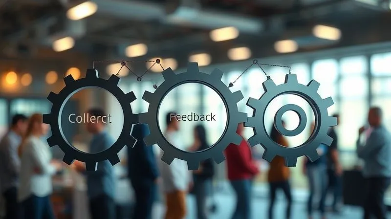 A photorealistic image of a continuous feedback loop represented by interconnected gears, with data flowing through them. One gear represents 'Collect Feedback', another 'Analyze Data', and a third 'Implement Changes'. The gears are turning smoothly, symbolizing an iterative process of improvement. Cinematic lighting, sharp focus on the gears, depth of field blurring a background of diverse people collaborating. 8K hyper-detailed, professional photography, shot on a high-end DSLR.