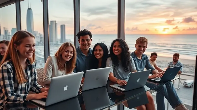 photorealistic, professional photography, 8K, cinematic lighting, sharp focus, depth of field, shot on a high-end DSLR. A diverse group of young, tech-savvy individuals, some with laptops, smiling and interacting in a modern coworking space with large windows overlooking a vibrant city, while others are seen enjoying a beach sunset in the background, symbolizing work-life balance and global mobility. The image should convey a sense of freedom, connection, and productivity.