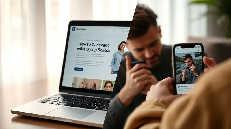 photorealistic, professional photography, 8K, cinematic lighting, sharp focus, depth of field, shot on a high-end DSLR. A split-screen showing a sleek, modern landing page on a laptop, perfectly optimized and fast-loading, juxtaposed with a frustrated person on a mobile phone struggling with a slow, broken webpage, highlighting the contrast between good and bad user experience for a digital nomad. The laptop screen should display clear, engaging content relevant to nomads.