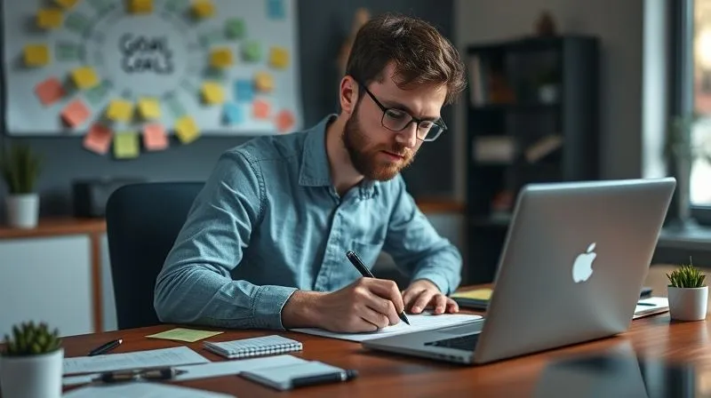 A photorealistic image of a person sitting at a desk, surrounded by mind maps and sticky notes, intensely focused on writing down goals. The desk is neat, with a laptop open showing a goal-setting template. Cinematic lighting, sharp focus on the person's determined expression, depth of field blurring the background office. 8K hyper-detailed, professional photography, shot on a high-end DSLR.