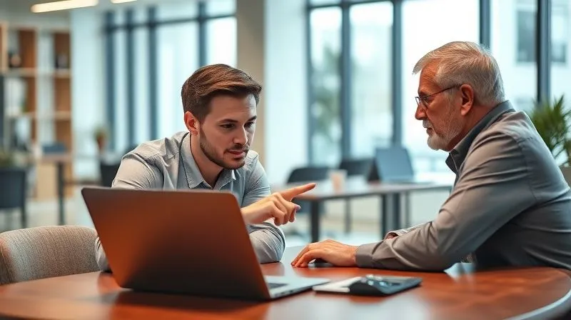 A photorealistic image of two professionals, one younger and one older, sitting at a table with a laptop open, intently discussing a complex diagram or code on the screen. They are pointing at different elements, engaged in a focused and productive conversation. Cinematic lighting, sharp focus on their faces and the screen, depth of field blurring the background office. 8K hyper-detailed, professional photography, shot on a high-end DSLR.