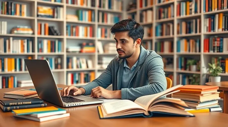 A photorealistic image of a person sitting at a large, brightly lit desk, surrounded by books, a laptop displaying an online course, and a notebook filled with notes. They are actively engaged in self-study, with a look of deep concentration and determination. Cinematic lighting, sharp focus on the individual and their learning materials, depth of field blurring a background of shelves filled with diverse books. 8K hyper-detailed, professional photography, shot on a high-end DSLR.