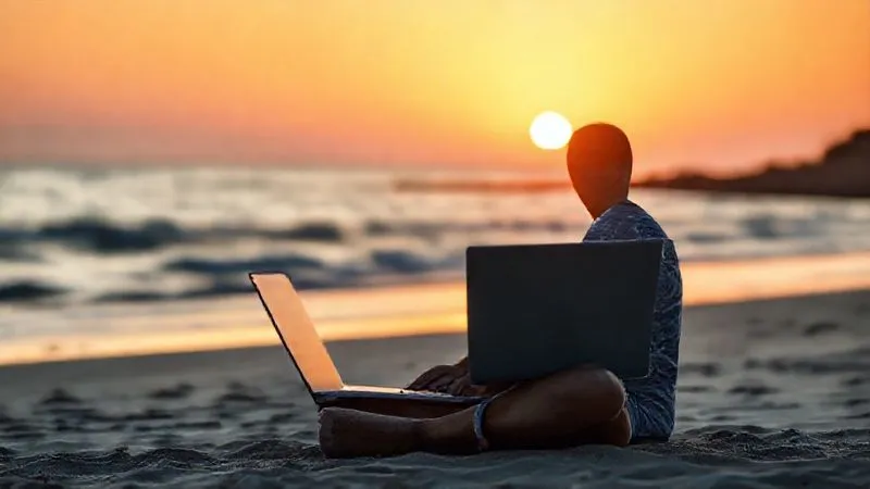 A photorealistic image of a person sitting cross-legged on a beach with a laptop, looking calm and focused, with a serene sunset in the background. The laptop screen displays a flexible project timeline with adjustable milestones. Cinematic lighting, sharp focus, depth of field, 8K, professional photography, shot on a high-end DSLR, conveying adaptability and peace.