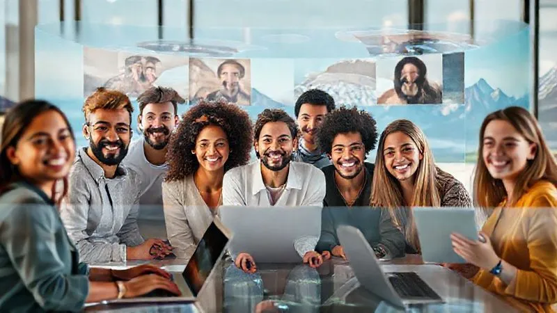 A photorealistic image of a diverse group of digital nomads from different parts of the world collaborating seamlessly on a shared digital workspace, their faces visible on a large holographic screen, some smiling, some typing on laptops in various scenic locations (beach, mountain cabin, co-working space). Cinematic lighting, sharp focus on their connected faces, depth of field blurring the individual backgrounds slightly, 8K, professional photography, shot on a high-end DSLR, conveying global teamwork and connection.