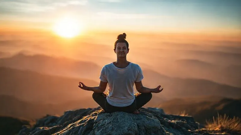 A photorealistic image of a person meditating calmly on a mountaintop at sunrise, with a vast, beautiful landscape stretching out below. The person has a serene expression, symbolizing resilience and adaptability amidst change. Cinematic lighting, sharp focus on the person, depth of field blurring the distant mountains, 8K, professional photography, shot on a high-end DSLR, conveying inner peace and strength.