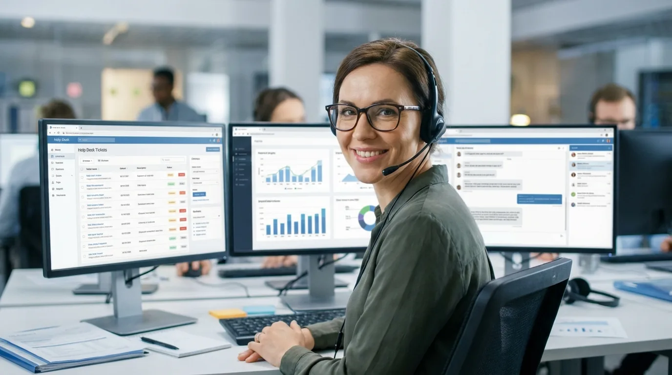 photorealistic, professional photography, 8K, cinematic lighting, sharp focus, depth of field, A friendly woman with glasses working as a support agent, smiling at the camera. She's wearing a headset and sitting in front of a computer with multiple screens displaying helpful information.