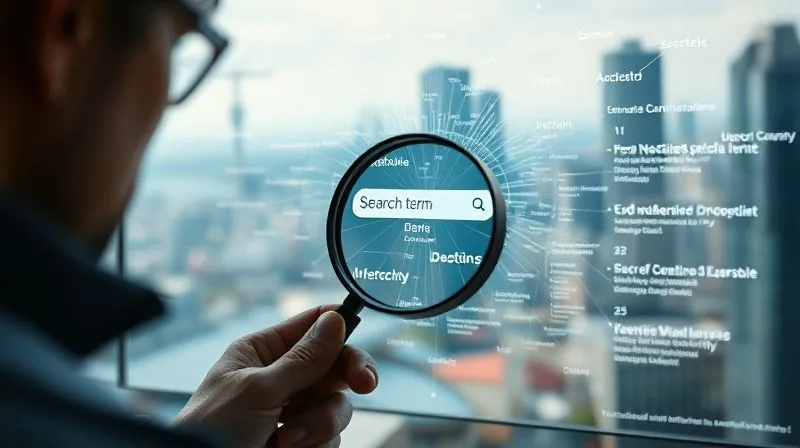 A photorealistic image of a person with a magnifying glass examining a complex web of interconnected search terms and user questions on a digital screen, representing the process of understanding search intent. The background is a blurred cityscape, hinting at the digital nomad lifestyle. Cinematic lighting, sharp focus on the screen and magnifying glass, depth of field, 8K hyper-detailed, professional photography, shot on a high-end DSLR.