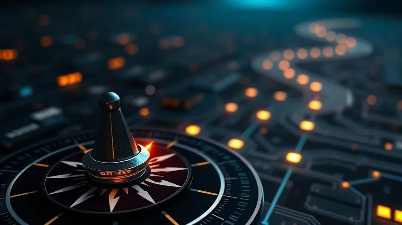 A photorealistic image of a digital compass with glowing elements, pointing towards a distant, clearly visible finish line on a winding digital path, symbolizing the long-term, strategic nature of SEO. The path is intricate, with various digital obstacles and opportunities. Cinematic lighting, sharp focus on the compass and path, depth of field blurring the background, 8K hyper-detailed, professional photography, shot on a high-end DSLR.