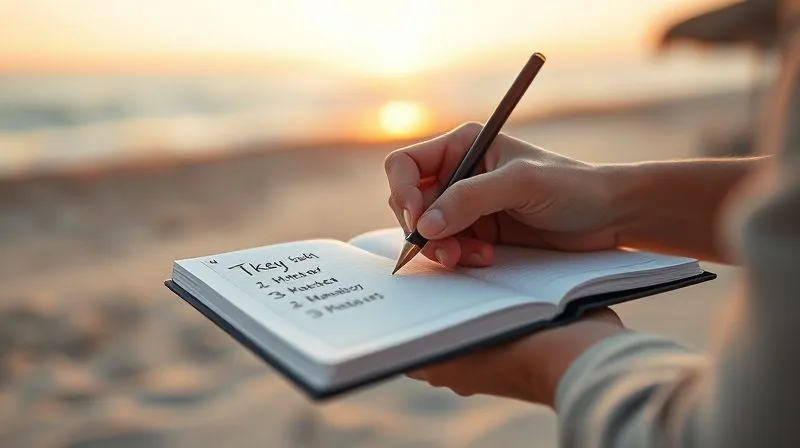 A photorealistic image of a person's hand writing down three key tasks in a minimalist notebook, with a blurred background of a serene beach at sunrise, conveying focus and intentionality. Cinematic lighting, sharp focus on the notebook and hand, depth of field, 8K hyper-detailed, professional photography, shot on a high-end DSLR.