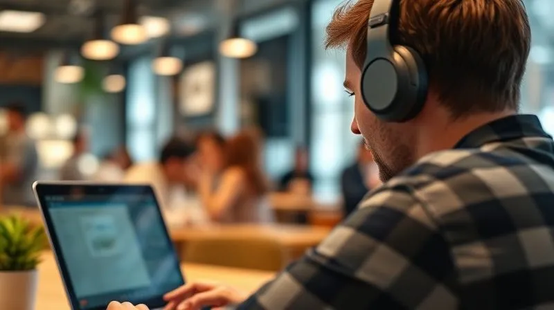 A photorealistic image of a person wearing noise-cancelling headphones, intensely focused on a laptop screen in a bustling but aesthetically pleasing co-working cafe. The background shows blurred motion and other people, but the subject is in sharp focus, conveying deep concentration amidst potential distractions. Cinematic lighting, depth of field, 8K hyper-detailed, professional photography, shot on a high-end DSLR.
