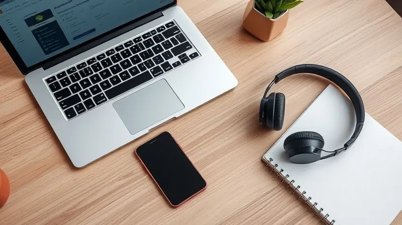 A photorealistic flat lay image showing a modern laptop, a sleek smartphone, noise-cancelling headphones, and a minimalist notebook, all arranged on a clean wooden table. The screen of the laptop subtly displays a project management tool. The scene is well-lit, professional, and conveys efficiency. Cinematic lighting, sharp focus on all devices, depth of field, 8K hyper-detailed, professional photography, shot on a high-end DSLR.