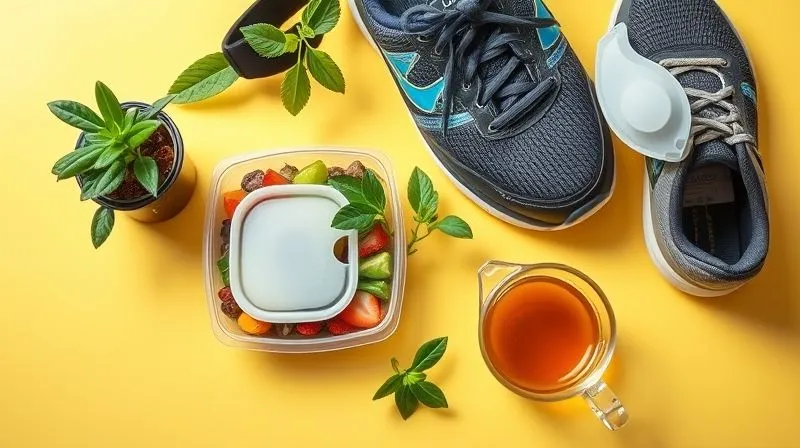 A photorealistic image of a vibrant, balanced flat lay featuring elements representing energy management: a healthy meal prep container, a pair of running shoes, a sleep mask, a small plant, and a calming cup of herbal tea. The composition should convey harmony and well-being. Cinematic lighting, sharp focus on all items, depth of field, 8K hyper-detailed, professional photography, shot on a high-end DSLR.