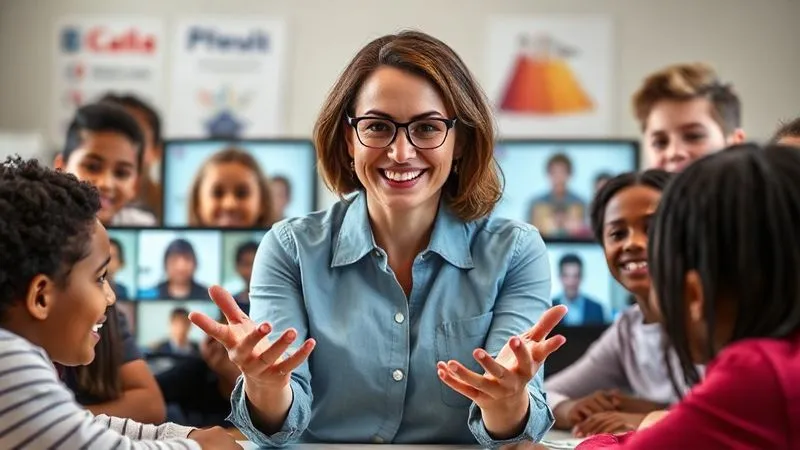 A photorealistic image of a diverse group of students (various ages and ethnicities) smiling and looking engaged on individual video call screens, with a warm, empathetic teacher at the center, making eye contact with the camera. The teacher's hands are gesturing openly, conveying connection. Cinematic lighting, sharp focus on faces, depth of field blurring the backgrounds of individual students, 8K hyper-detailed, professional photography.