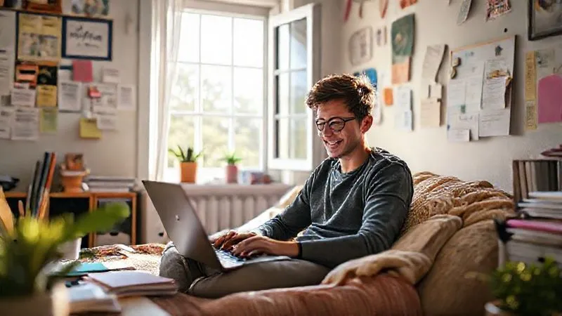 A photorealistic image showing a student happily working on a laptop in a cozy, personalized home study space, surrounded by motivational notes and a clear schedule visible. Light streams in from a window, symbolizing clarity and independence. Sharp focus on the student and their organized environment, depth of field blurring a distant, open window view, 8K hyper-detailed, professional photography.