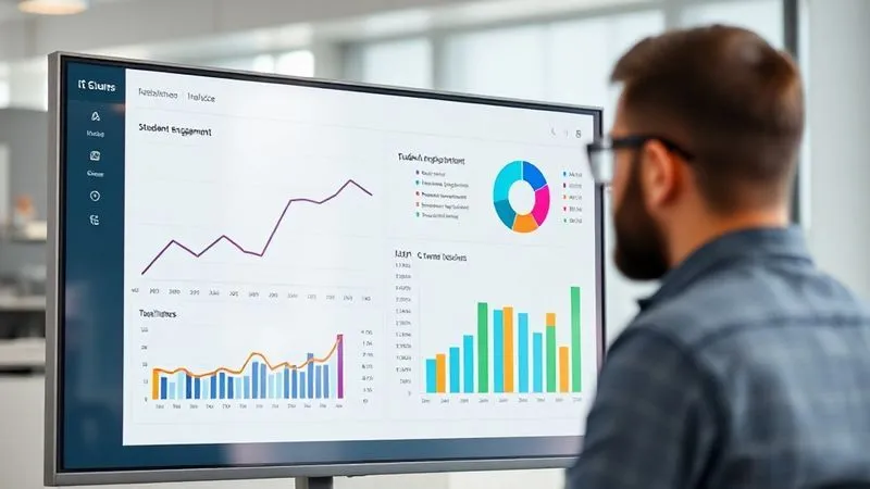 A photorealistic image of a sleek, modern dashboard displaying various data visualizations: a line graph showing increasing student engagement over time, a pie chart depicting active participation in different course modules, and a bar chart comparing task completion rates. The dashboard is clean, professional, and uses a subtle color palette. Cinematic lighting, sharp focus on the data, depth of field blurring a background of a teacher thoughtfully observing the screen, 8K hyper-detailed, professional photography.