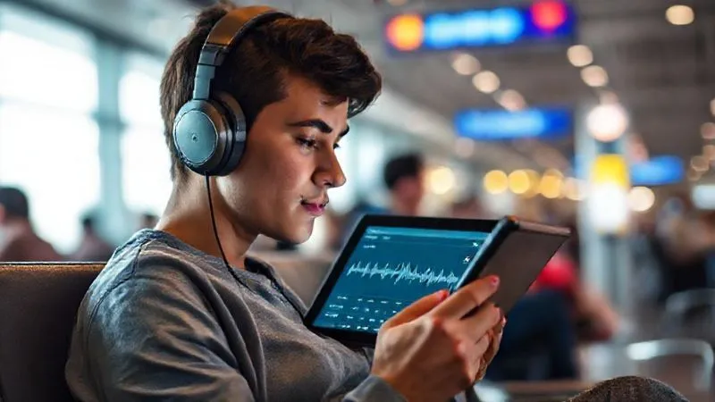 A photorealistic image of a person wearing noise-canceling headphones, intensely focused on a language learning app on a tablet, showing phonetic charts and waveforms. They are sitting in a bustling airport lounge, but appear calm and concentrated. Cinematic lighting, sharp focus, depth of field blurring the background action. 8K hyper-detailed, professional photography, shot on a high-end DSLR.