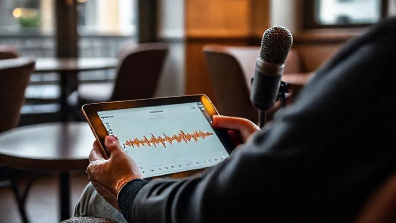A photorealistic image of a person sitting in a cozy co-working space in Lisbon, focused on a tablet displaying a language learning app with a voice waveform analysis, a microphone nearby. The atmosphere is calm yet productive. Cinematic lighting, sharp focus on the tablet and microphone, 8K, professional photography, shot on a high-end DSLR.