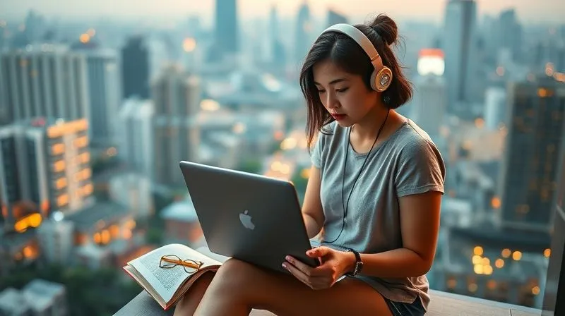 A photorealistic image of a young woman, Sofia, sitting on a balcony overlooking a bustling Asian city, intensely focused on her laptop. She has headphones on and a notebook open next to her. The scene is vibrant, with warm cinematic lighting, sharp focus on Sofia and her study materials, depth of field blurring the city lights in the background. Shot on a high-end DSLR, 8K hyper-detailed, professional photography.