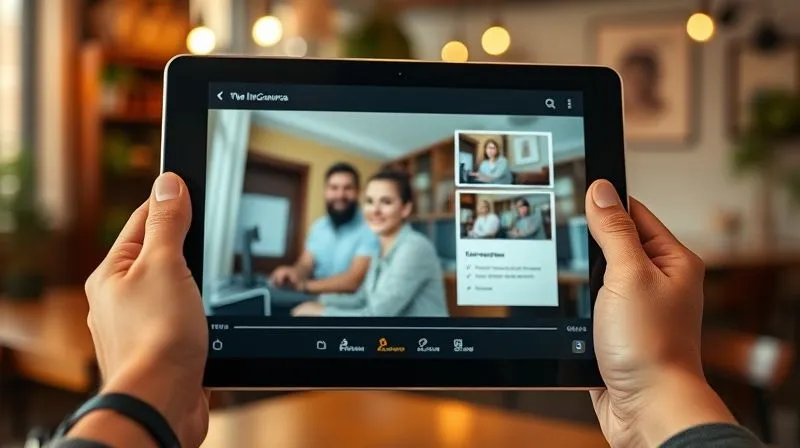 A photorealistic close-up of a hand holding a tablet displaying a professional online course interface, with a virtual instructor on screen. The background is a softly blurred, cozy co-working space in a cafe, suggesting flexibility and focus. Cinematic lighting, sharp focus on the tablet, depth of field. 8K hyper-detailed, professional photography.
