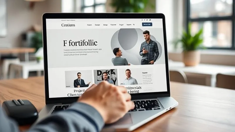A photorealistic image of a professional portfolio website displayed on a sleek laptop screen, with a person's hands typing on the keyboard. The website features clean design, project thumbnails, and client testimonials. The background is a modern, minimalist workspace with natural light. Cinematic lighting, sharp focus on the laptop and hands, depth of field. 8K hyper-detailed, professional photography.