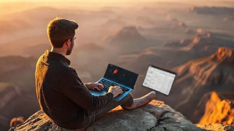 A photorealistic image of a person sitting on a cliff overlooking a vast landscape, working on a laptop with a focused expression. The screen displays a personalized learning dashboard with customizable modules and progress tracking. Golden hour light, cinematic, sharp focus on the person and laptop, depth of field blurring the background. 8K, professional photography.