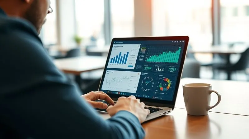 A photorealistic image of a professional working on a laptop, displaying a complex yet beautifully designed data dashboard with various charts and graphs, in a modern, brightly lit co-working space. The person is focused, with a cup of coffee nearby. Professional photography, 8K, cinematic lighting, sharp focus on the screen and person, depth of field blurring the background, shot on a high-end DSLR.