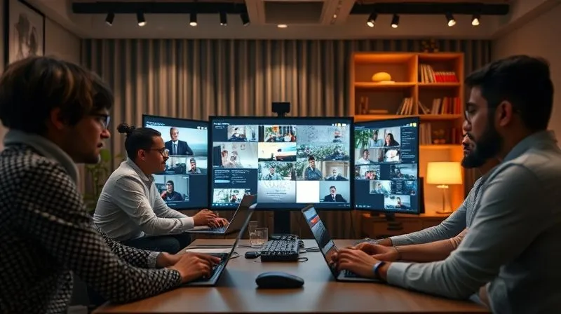 A photorealistic image of a diverse, remote team collaborating seamlessly on a complex project using digital tools like video conferencing and project management software, with different team members shown in their unique home/travel setups. The overall feeling is one of efficient global teamwork. Professional photography, 8K, cinematic lighting, sharp focus on the digital interfaces and team members, depth of field, shot on a high-end DSLR.
