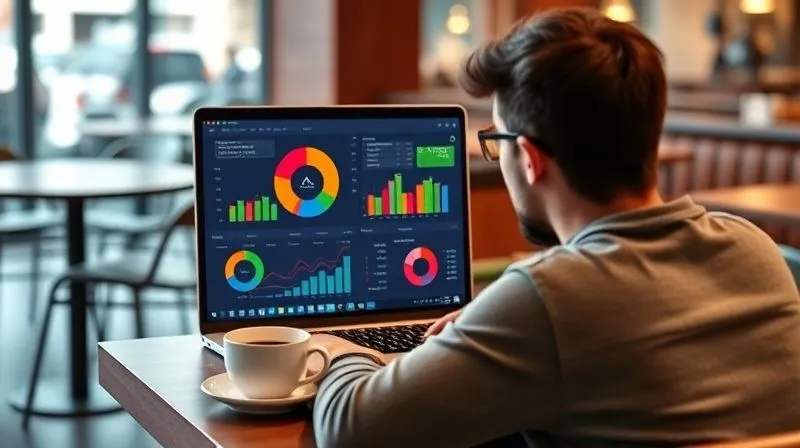 A photorealistic image of a digital nomad sitting in a cafe, intensely focused on a laptop screen displaying a colorful financial dashboard with pie charts and bar graphs, representing a detailed budget. A cup of coffee and a notebook are on the table. Cinematic lighting, sharp focus, depth of field, 8K hyper-detailed, professional photography.