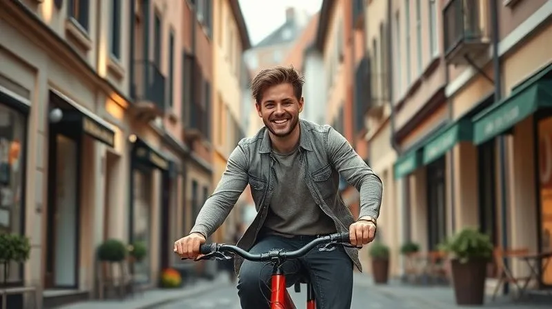 A photorealistic image of a digital nomad smiling while riding a bicycle through a charming, narrow street in a European old town, with historical buildings and local cafes in the background. The lighting is bright and natural, sharp focus on the nomad, depth of field, 8K hyper-detailed, professional photography.