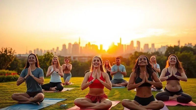 A photorealistic image of a group of diverse digital nomads laughing and enjoying a free outdoor yoga session in a scenic park with a city skyline in the background during sunset. The atmosphere is vibrant and joyful. Cinematic lighting, sharp focus, depth of field, 8K hyper-detailed, professional photography.