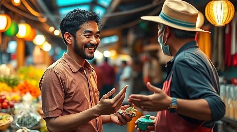 A photorealistic image of a digital nomad engaging in a friendly negotiation with a local vendor at a vibrant, colorful street market in Southeast Asia. The nomad is smiling, holding a piece of craft, and the vendor is gesturing. Cinematic lighting, sharp focus on their interaction, depth of field, 8K hyper-detailed, professional photography.
