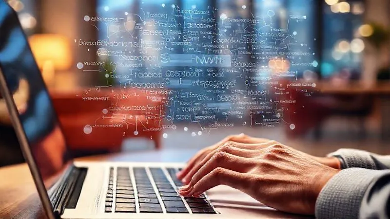 Photorealistic image of a person's hands typing on a laptop keyboard, with a holographic display above showing a complex web of interconnected keywords and search queries, symbolizing in-depth keyword research. The background is a blurred, cozy co-working space in a vibrant city. Professional photography, 8K, cinematic lighting, sharp focus on the hands and holographic data, depth of field blurring the background, shot on a high-end DSLR.