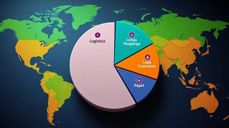 A photorealistic infographic showing a pie chart representing a diversified FII portfolio, with slices labeled 'Logística', 'Shoppings', 'Lajes Corporativas', 'Híbridos', and 'Papel'. Each slice has a small, distinct icon representing its sector, all within a vibrant, global map background, emphasizing geographic and sectorial diversification. Cinematic lighting, sharp focus, 8K hyper-detailed.