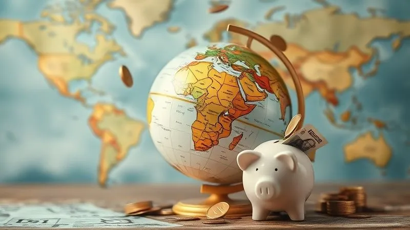 A photorealistic image of a vintage globe spinning slowly, with coins and banknotes gently swirling around it, some falling into a small, overflowing piggy bank. The background is a blurred map of the world, emphasizing financial growth and global travel. Cinematic lighting, sharp focus, depth of field, 8K hyper-detailed.