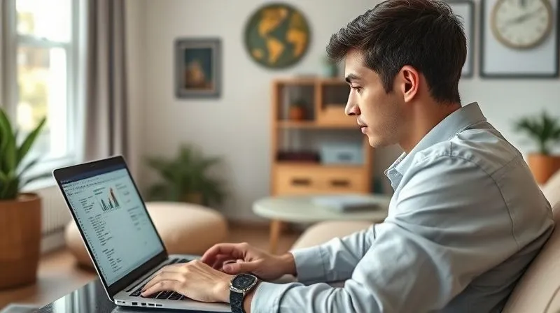 A photorealistic image of a person sitting in front of a laptop, thoughtfully analyzing a complex spreadsheet with charts and data, representing financial self-assessment and strategic planning. The background is a modern, minimalist apartment with travel souvenirs, bathed in soft, natural light, sharp focus on the person and screen, depth of field blurring the background. 8K hyper-detailed, professional photography, shot on a high-end DSLR.