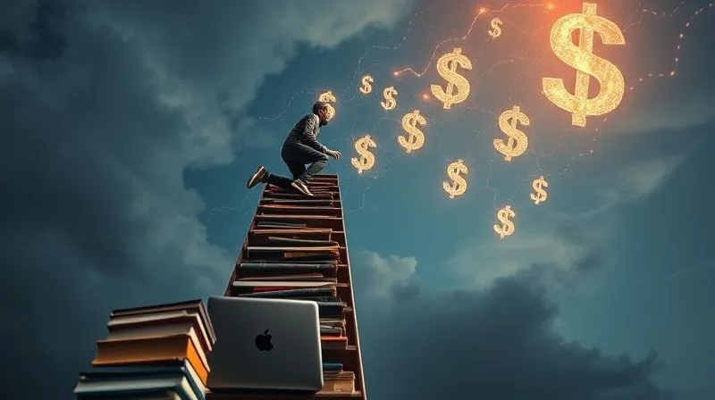A photorealistic image of a person climbing a ladder made of books and digital products, reaching towards a sky with multiple glowing income streams. The person is focused and determined, with a laptop and passport visible at the base of the ladder, cinematic lighting, sharp focus, depth of field. 8K hyper-detailed, professional photography, shot on a high-end DSLR.