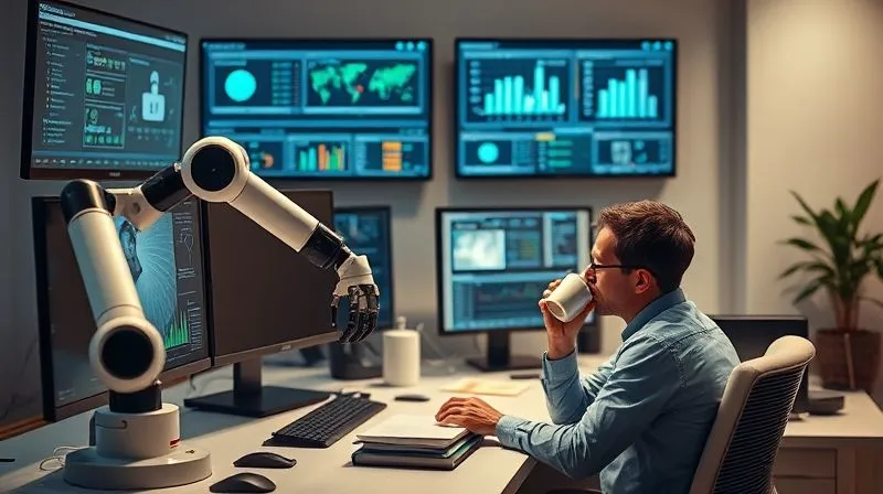 A photorealistic image of a minimalist, organized workspace with multiple screens displaying automated workflows, charts, and communication platforms. A robotic arm is metaphorically assisting with a task, while a person looks relaxed, sipping coffee, overseeing the operations. Cinematic lighting, sharp focus on the automation elements, depth of field blurring the background. 8K hyper-detailed, professional photography, shot on a high-end DSLR.