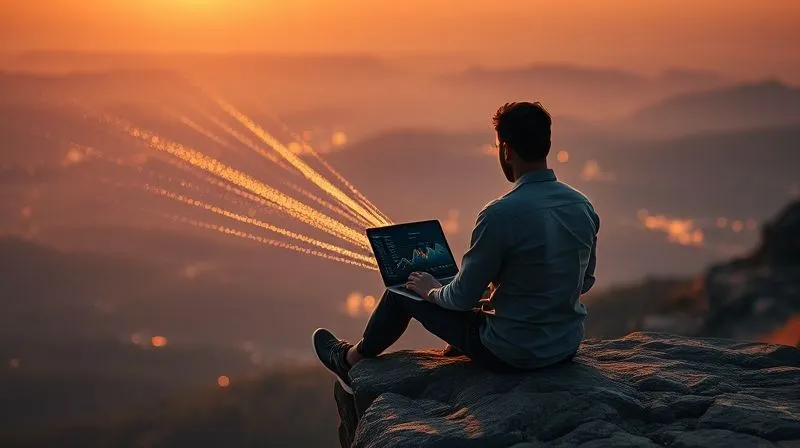 A photorealistic image of a digital nomad sitting on a cliff overlooking a vast landscape, with multiple shimmering lines of light extending from their laptop towards different horizons, symbolizing diversified income streams. The scene is bathed in a warm sunset glow, sharp focus on the person and laptop, depth of field blurring the distant landscape. 8K hyper-detailed, professional photography, shot on a high-end DSLR.