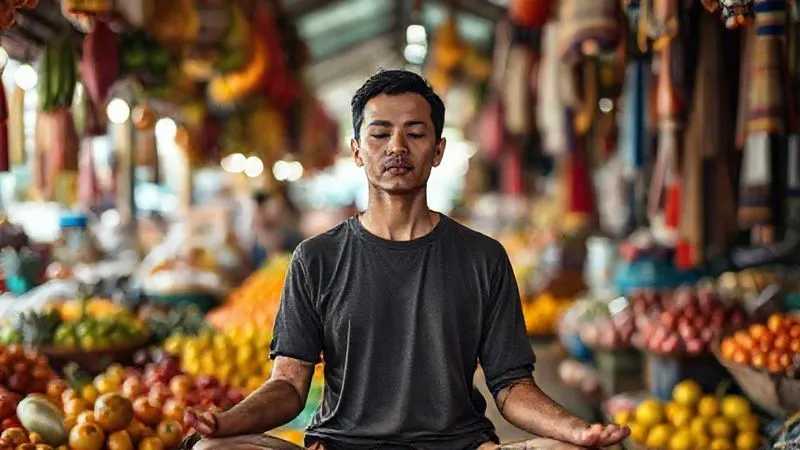 A photorealistic image of a person meditating calmly in a vibrant, slightly chaotic market scene in Southeast Asia, with exotic fruits and colorful textiles in the blurred background. The individual's face shows serenity and focus, representing inner peace amidst external busyness. Cinematic lighting, sharp focus on the meditator, depth of field. Professional photography, 8K, shot on a high-end DSLR