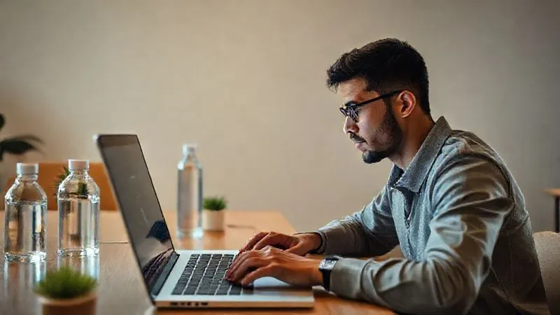 A photorealistic image of a person intensely focused on a laptop screen, hands on keyboard, in a minimalist co-working space bathed in soft, natural light. There are no distractions visible, only a water bottle and a small plant. The individual's expression conveys deep concentration and flow. Professional photography, 8K, cinematic lighting, sharp focus on the person, depth of field. Shot on a high-end DSLR