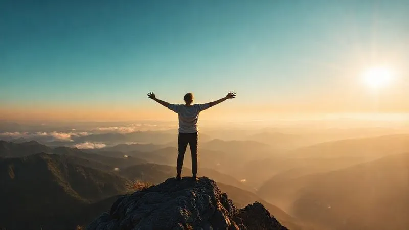 A photorealistic image of a person standing on a mountain top at dawn, arms outstretched, looking out over a vast, serene landscape with mist in the valleys. The light is soft and golden, symbolizing clarity, peace, and overcoming challenges. Professional photography, 8K, cinematic lighting, sharp focus on the individual, depth of field. Shot on a high-end DSLR
