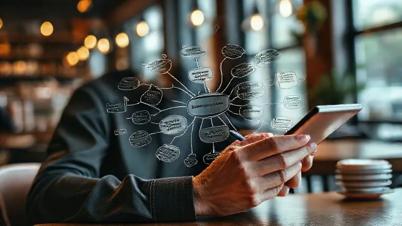 A digital nomad at a coffee shop, intensely focused on a tablet, drawing a mind map of business processes and needs. The mind map is complex but clear, showing interconnected tasks like 'Client Communication', 'Project Tracking', 'Financial Management', and 'Content Creation'. Photorealistic, professional photography, 8K, cinematic lighting, sharp focus on the tablet and hands, depth of field blurring the background, shot on a high-end DSLR.