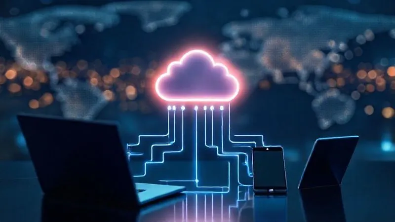 A photorealistic stylized depiction of a secure cloud storage network, with data packets flowing between a laptop, a tablet, and a smartphone, all connected to a central, glowing cloud icon. The background is a subtle, abstract representation of global connectivity. Professional photography, 8K, cinematic lighting, sharp focus on the digital elements, depth of field, shot on a high-end DSLR.
