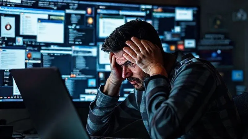 A digital nomad looking overwhelmed and frustrated, sitting in front of a laptop screen displaying a chaotic array of open tabs and overlapping application windows, symbolizing tool overload and lack of integration. The person is holding their head in their hands. Photorealistic, professional photography, 8K, cinematic lighting, sharp focus on the person's face and screen, depth of field, shot on a high-end DSLR.
